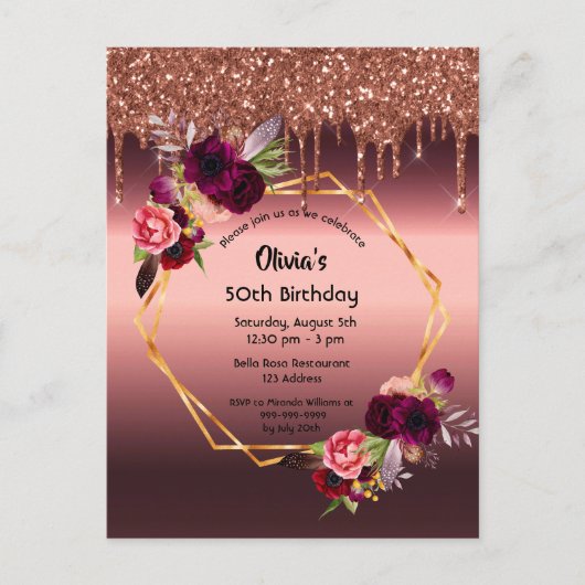 50e verjaardag van de burgundy florals glitter - u briefkaart (Voorkant)