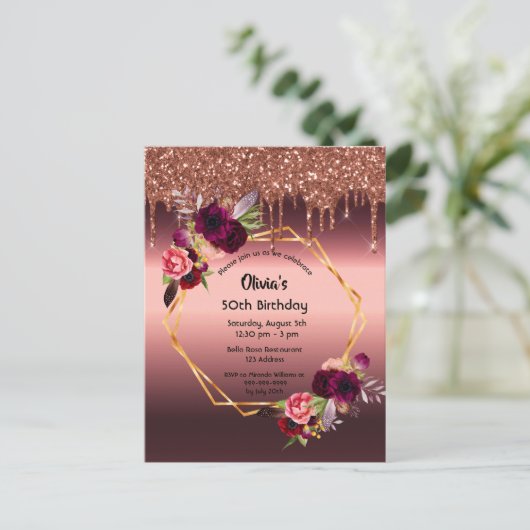 50e verjaardag van de burgundy florals glitter - u briefkaart (Staand voorkant)