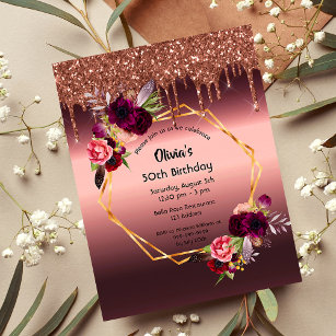 50e verjaardag van de burgundy florals glitter - u briefkaart