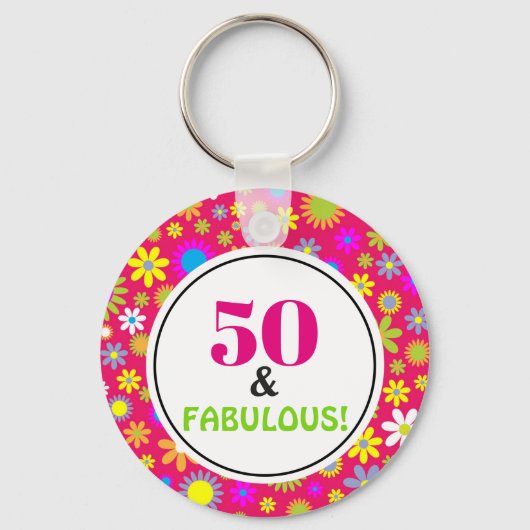 50e verjaardag van de Fabulous Pink Floral Sleutelhanger (Voorkant)