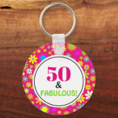 50e verjaardag van de Fabulous Pink Floral Sleutelhanger (Voorkant)