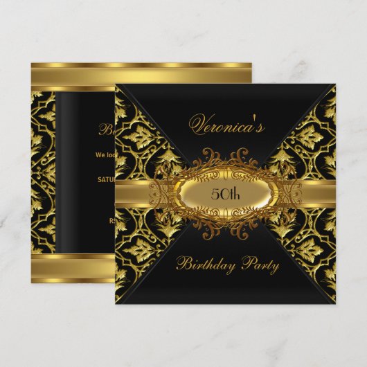 50e verjaardag van de gouden Zwarte Damask-uitnodi Kaart (Voorkant / Achterkant)
