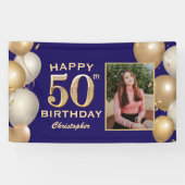 50e verjaardag van de marineblauw en goudballonnen spandoek (Horizontaal)