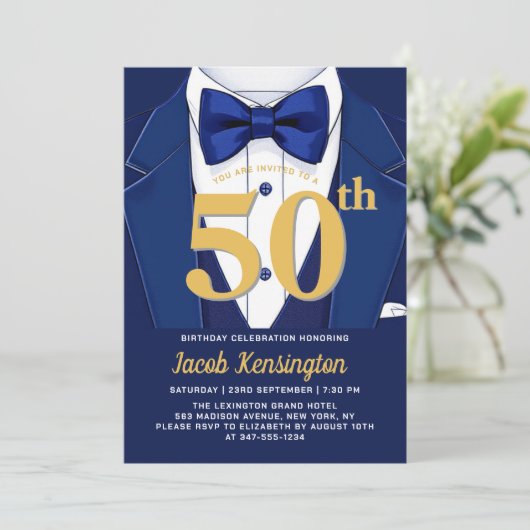 50e verjaardag van de Navy Blue en Gold Tuxedo Kaart (Staand voorkant)