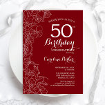 50e verjaardag van de Rode Floral Kaart<br><div class="desc">Red White Floral 50th Birthday Party Invitation. Minimalistisch modern ontwerp met botanische contourtekenaccenten en lettertype typografiescript. Eenvoudige trendy nodigt een perfecte kaart uit voor een stijlvolle feestdag in het vrouw. Kan op elke leeftijd worden aangepast. Uitnodigingen op Zazzle afdrukken of sjabloon voor digitaal afdrukken direct downloaden.</div>