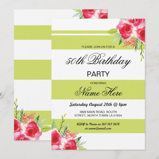 50e verjaardag van de Stripe Lime Green Rozen nodi Kaart (Voorkant / Achterkant)