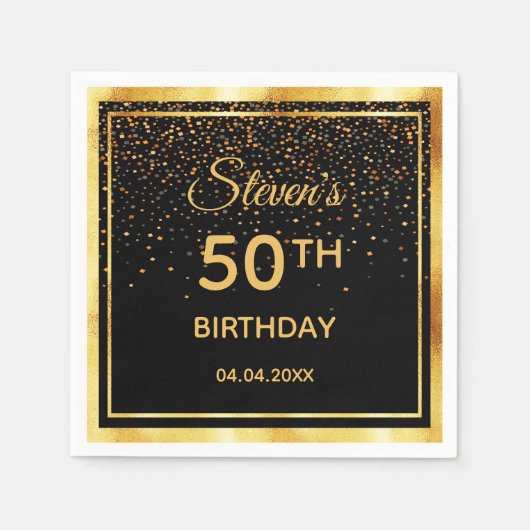50e verjaardag van de zwarte gouden confetti servet (Voorkant)