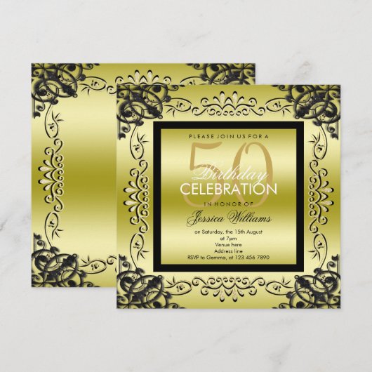 50e verjaardag van Elegant Gold en Black Women's Kaart (Voorkant / Achterkant)