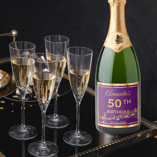 50e verjaardag van elegante paarse en gouden muzie sparkling wijnetiket