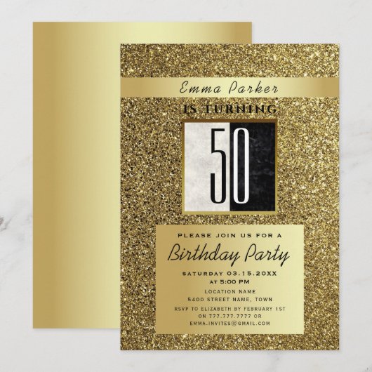 50e verjaardag van Glitter Gold en Black Kaart (Voorkant / Achterkant)
