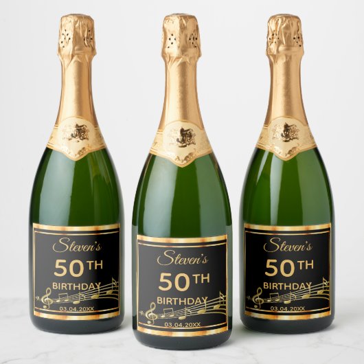 50e verjaardag van het elegante zwart-gouden muzie sparkling wijnetiket (Flessen)