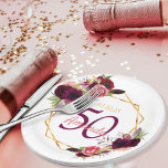 50e verjaardag van het feest van de burgundy flora papieren bordje<br><div class="desc">Een bord voor een 50e verjaardagsfeestje. Een witte hoofdachtergrond met een vals goud geometrisch lijst. Gedemoreerd met donkere paarse en bruine bloemen, rozen en boho-veren. Sjablonen voor een naam, leeftijd 50 en een datum. Geboortedatum of -datum van de partij. De naam wordt geschreven met een handgeschreven stijlmanuscript, roze gekleurde brieven,...</div>