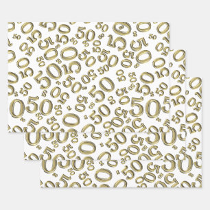 50e verjaardag van het Gold & White Random Number  Inpakpapier Vel