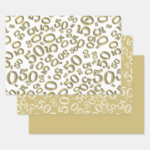 50e verjaardag van het Gold & White Random Number  Inpakpapier Vel