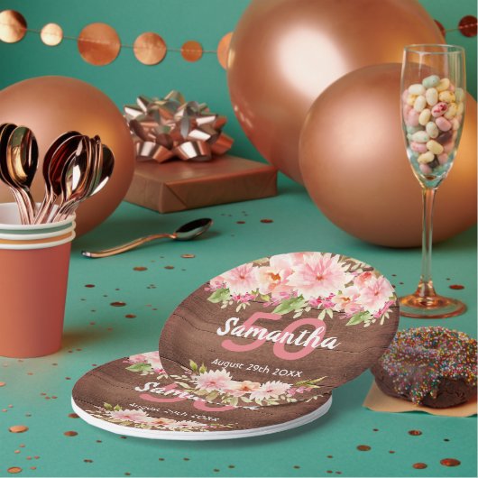 50e verjaardag van het koraal dahlia bloemen bruin papieren bordje (Multi)