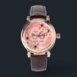 50e verjaardag van het koraal goudbloemen horloge<br><div class="desc">Een trendy horloge voor een 50e verjaardagscadeau. Met een vals goud hexagon geometrisch vormig lijst. Verkleurd met waterkleurige dahlia-bloemen in roze,  crème en koraal. Leven van koraal met polka-punten als achtergrond. Sjablonen voor een naam,  leeftijd 50 en een datum. Geboortedatum of -datum van de partij. Bourgogne en koraalkleurige letters.</div>