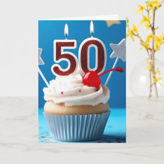 50e verjaardag verlichte kaarsen Cupcake aangepast Kaart (Gele Bloem)