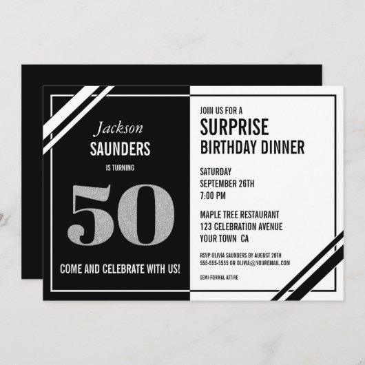 50e verjaardag verrassingsdiner modern zwart wit kaart (Voorkant / Achterkant)