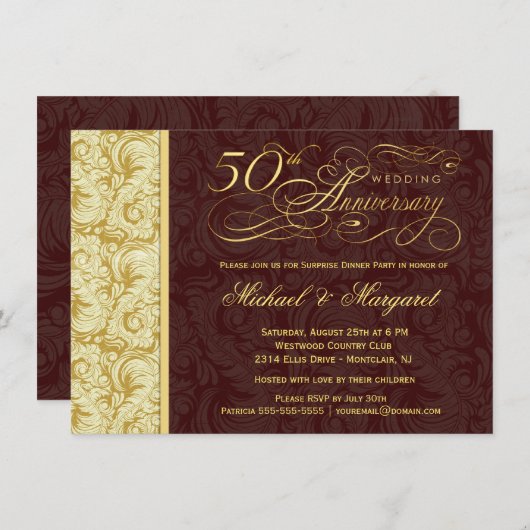 50e verjaardag verrassingsfeest - Goud Damast Kaart (Voorkant / Achterkant)