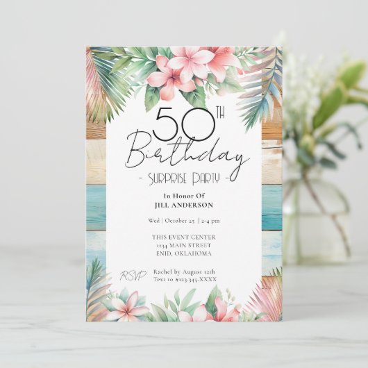 50e verjaardag verrassingsfeest tropisch kaart (Staand voorkant)