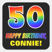 50e verjaardag: Vet, Vun, Eenvoudig, Regenboog 50 Vierkante Sticker (Voorkant)