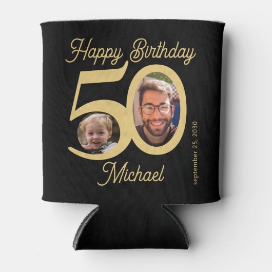 50e verjaardag vet zwart goud 2 foto's naam blikjeskoeler (Voorkant)