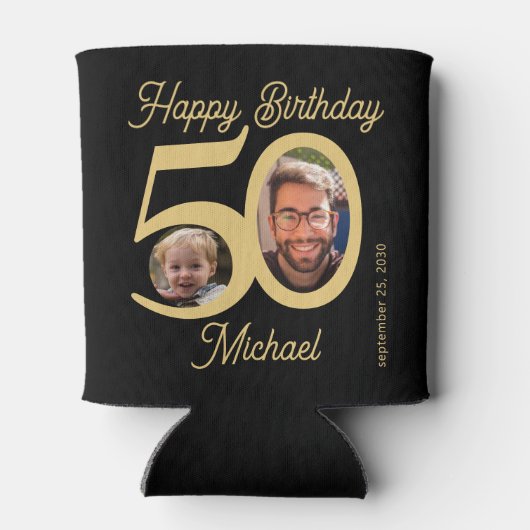 50e verjaardag vet zwart goud 2 foto's naam blikjeskoeler (Achterkant)