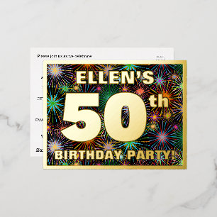 50e verjaardag: Vette, kleurrijke Fireworks-look Folie Uitnodiging Briefkaart