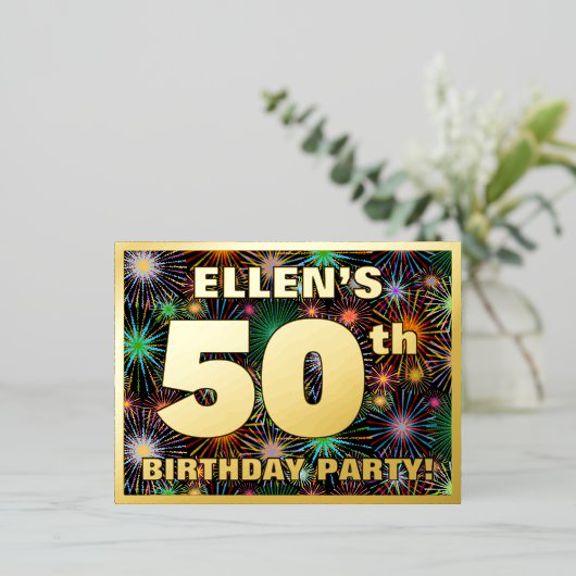 50e verjaardag: Vette, kleurrijke Fireworks-look Folie Uitnodiging Briefkaart (Staand Voorkant)