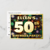 50e verjaardag: Vette, kleurrijke Fireworks-look Folie Uitnodiging Briefkaart (Voorkant / Achterkant)