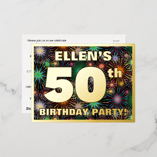 50e verjaardag: Vette, kleurrijke Fireworks-look Folie Uitnodiging Briefkaart (Voorkant / Achterkant)