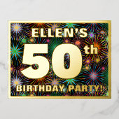 50e verjaardag: Vette, kleurrijke Fireworks-look Folie Uitnodiging Briefkaart (Voorkant)