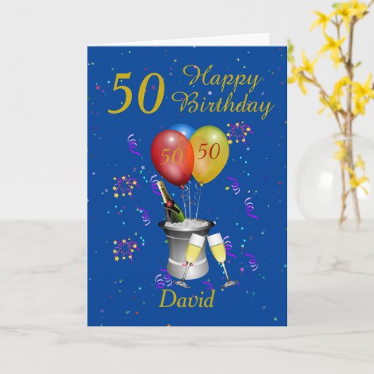 50e verjaardag viering blauw kaart (Gele Bloem)