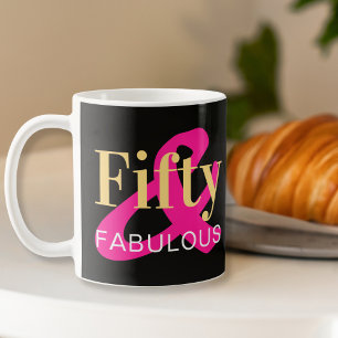 50e verjaardag Vijftig en Fabulous Hot Pink Zwart Koffiemok