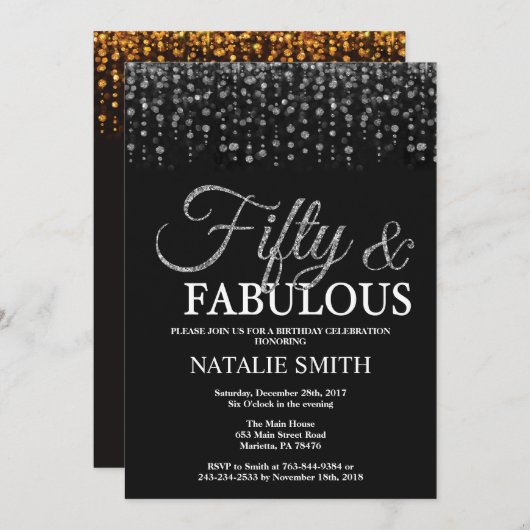 50e verjaardag vijftig en Fabulous Silver Glitter Kaart (Voorkant / Achterkant)