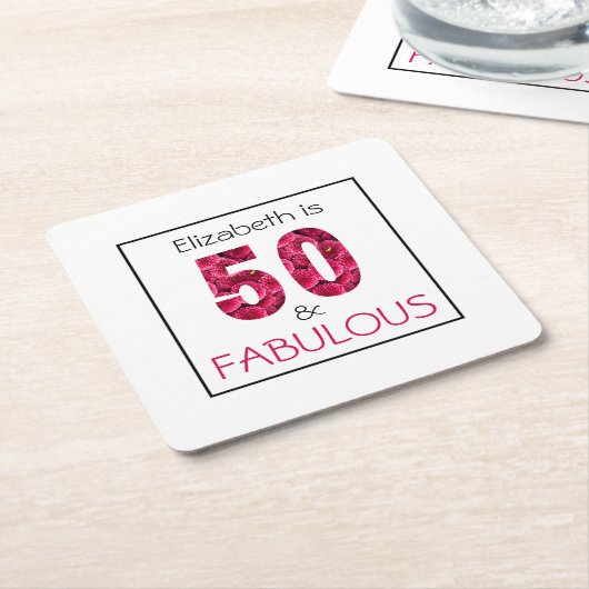 50e verjaardag vijftig en verbluffend roze bloemen kartonnen onderzetters (Schuin)