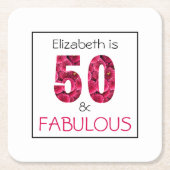 50e verjaardag vijftig en verbluffend roze bloemen kartonnen onderzetters (Voorkant)