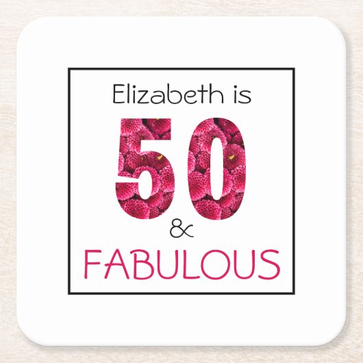 50e verjaardag vijftig en verbluffend roze bloemen kartonnen onderzetters (Voorkant)