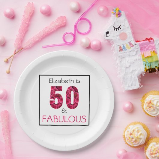 50e verjaardag vijftig en verbluffend roze bloemen papieren bordje (Feest)