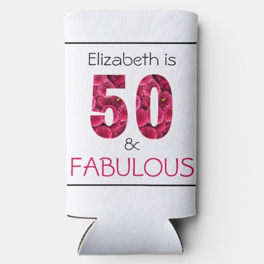 50e verjaardag vijftig en verbluffend roze bloemen seltzer blikjeskoeler (Achterkant)