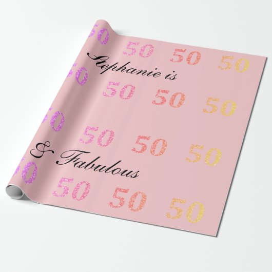 50e verjaardag Vijftig Fabulous Naam Roze Glitter Cadeaupapier (Uitgerold)