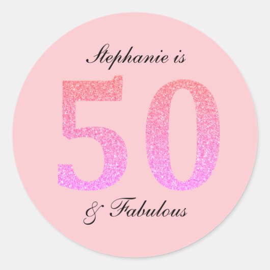 50e verjaardag Vijftig Fabulous Naam Roze Glitter Ronde Sticker (Voorkant)