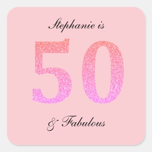 50e verjaardag Vijftig Fabulous Naam Roze Glitter Vierkante Sticker (Voorkant)
