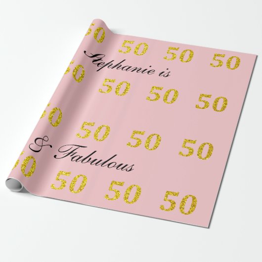 50e verjaardag Vijftig Fabulous Pink Gold Glitter Cadeaupapier (Uitgerold)