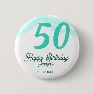 50e verjaardag voeg naam datum jaar groene pastel ronde button 5,7 cm
