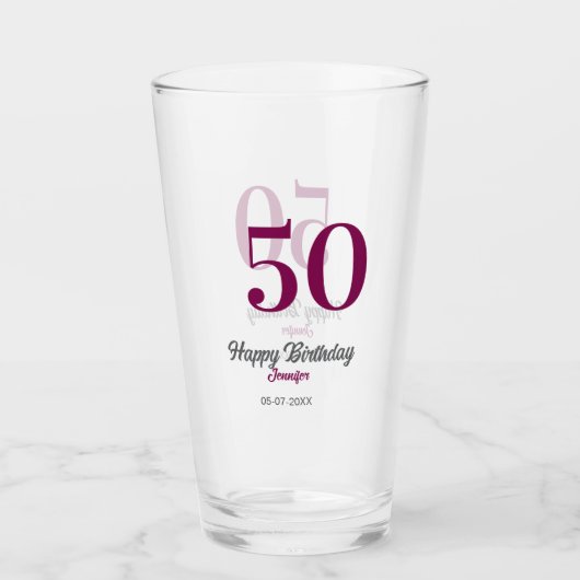 50e verjaardag voeg naam datum jaar mauve sjabloon glas (Voorkant)
