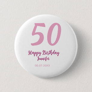 50e verjaardag voeg naam datum jaar roze rood vet ronde button 5,7 cm
