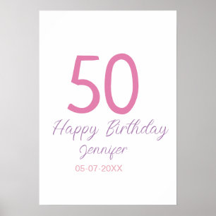 50e verjaardag voeg naam datum jaar roze sjabloon poster