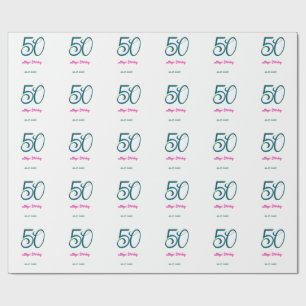 50e verjaardag voeg naam jaar turquoise roze vet cadeaupapier