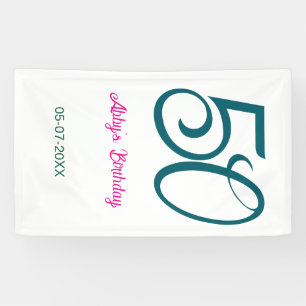50e verjaardag voeg naam jaar turquoise roze vet spandoek